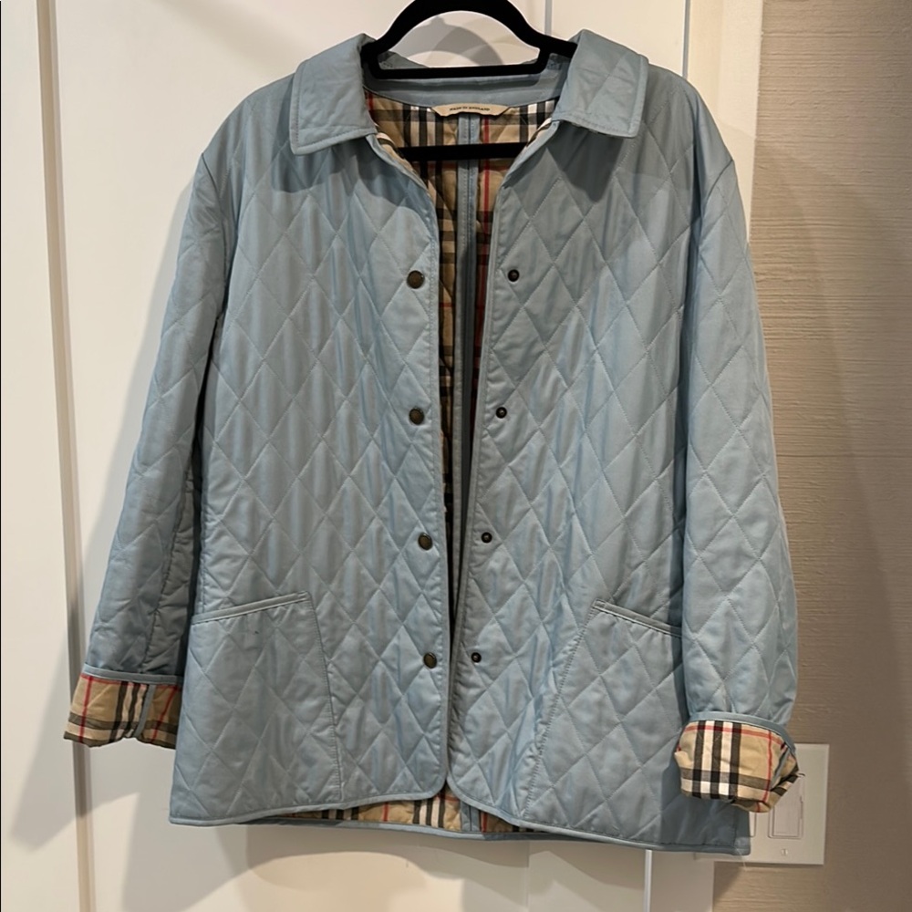 Burberry Light Blue lightly Quilted Puffer Jacket with Vintage Check Lining